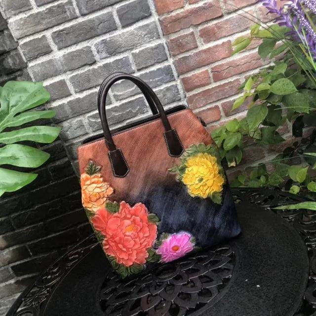 Handmade Floral Embossed Leather Handbag Tote Bag Luxury - VacationGrabs