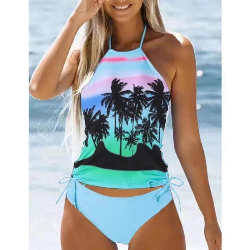 Women's Bathing Suit Drawstring Side Halter Neck Tankini - VacationGrabs