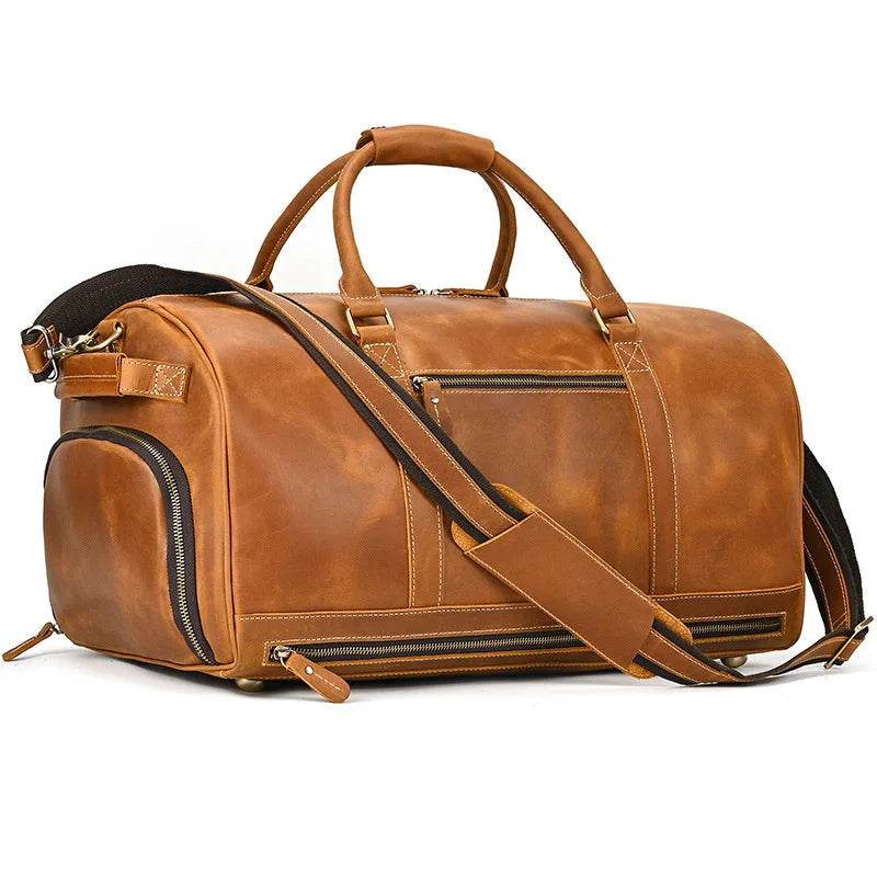 Men's Genuine Leather Travel Bag – Luggage with Shoe Compartment - VacationGrabs