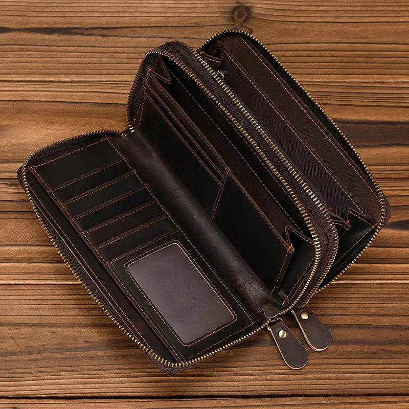Retro Real Leather Wallet for Men Business Casual with Double Zipper - VacationGrabs