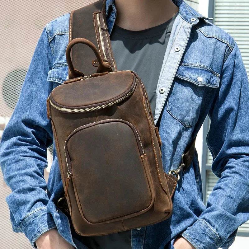 Leather Waist Bag Vintage Chest Pack Sling Bag for Men - VacationGrabs