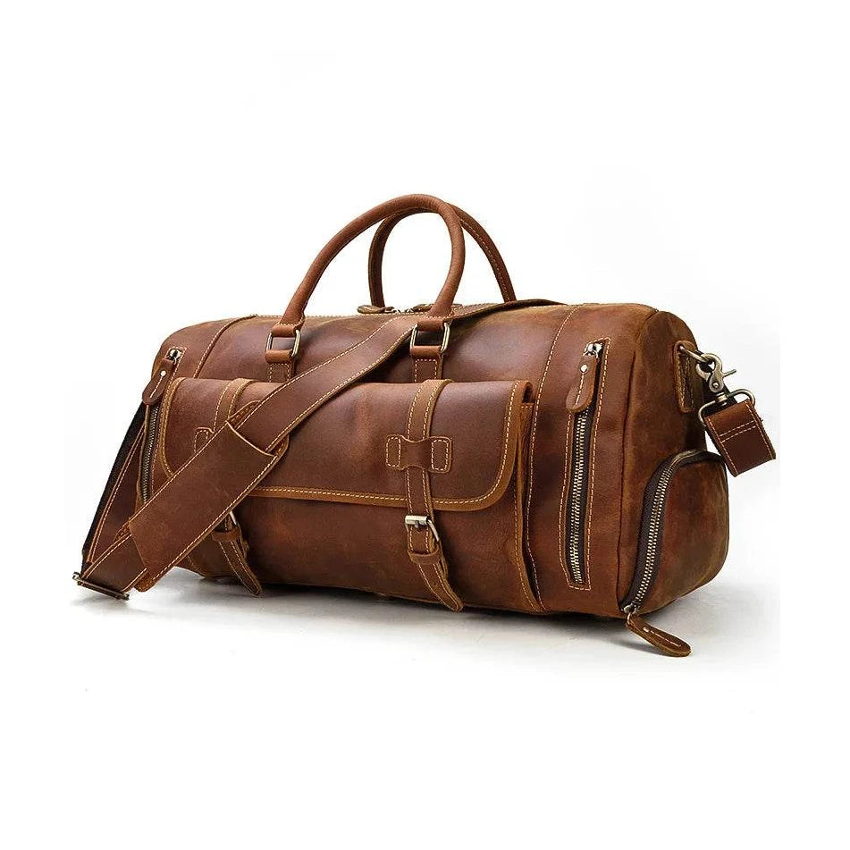 Mens Leather Shoulder Duffel Bag, Shoe Compartment, Removable Strap - VacationGrabs