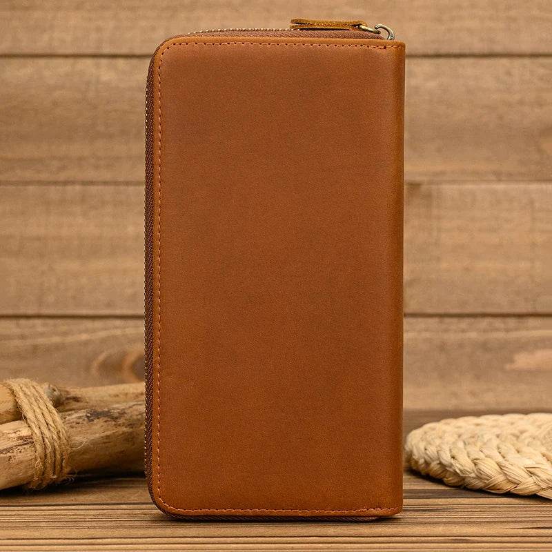 Vintage Men’s Crazy Horse Leather Single Zip Long Wallet for Phone - VacationGrabs