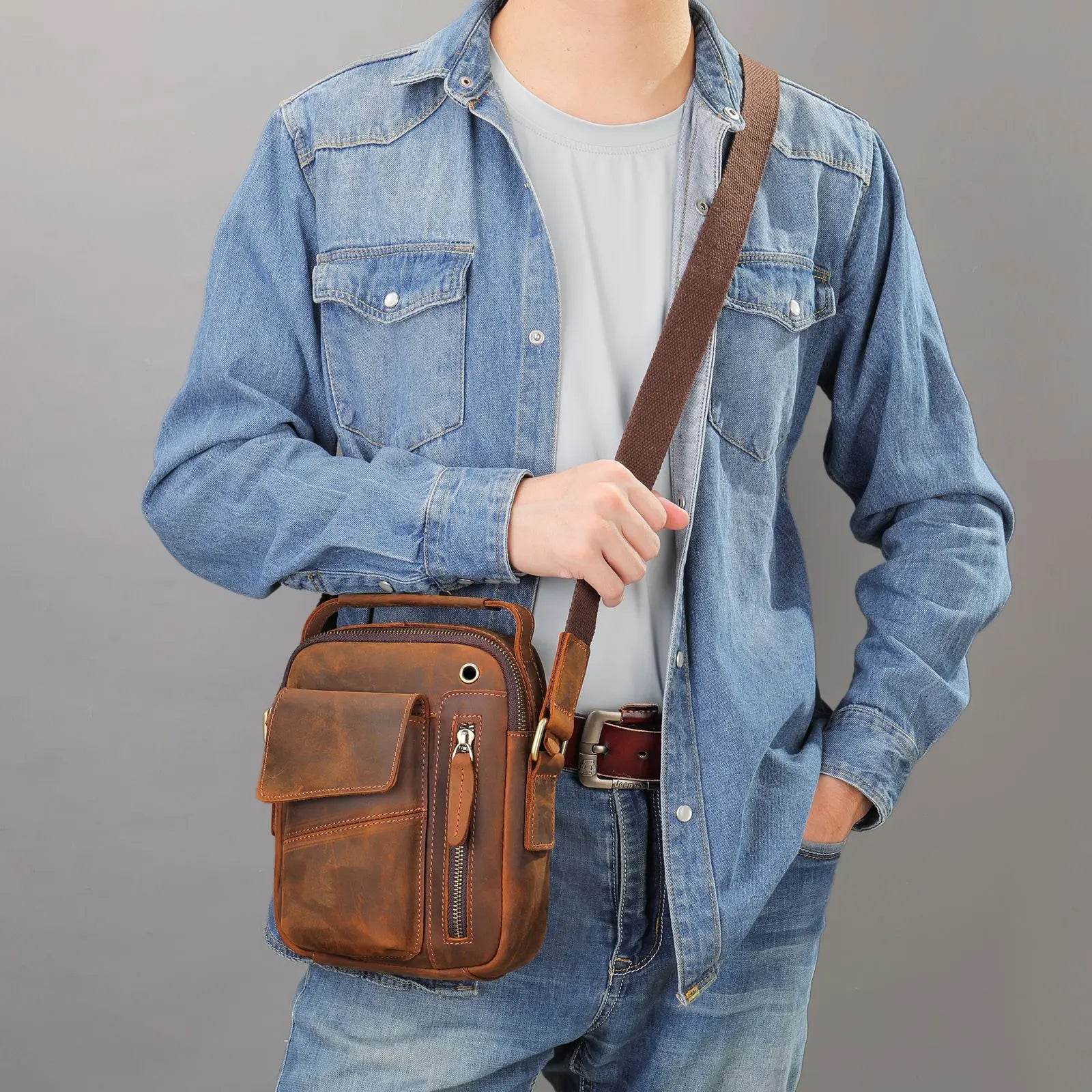 Retro Mini Leather Shoulder Bag Genuine Crossbody Sling for Men - VacationGrabs