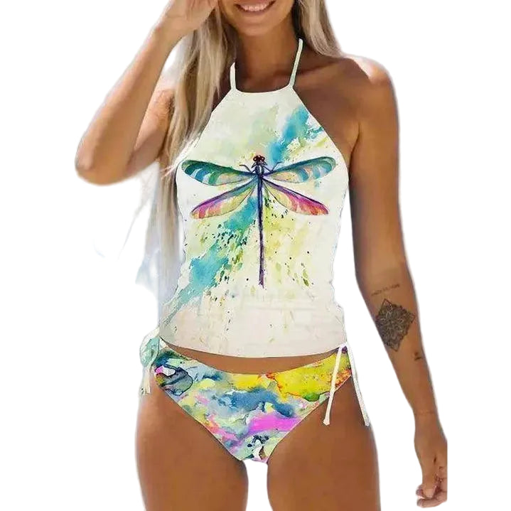 Women's Bathing Suit Drawstring Side Halter Neck Tankini - VacationGrabs