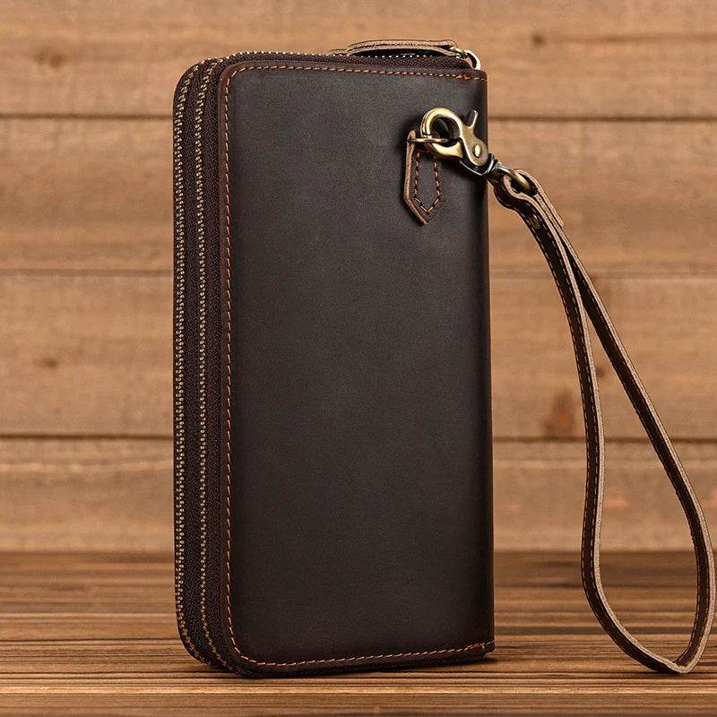 Retro Real Leather Wallet for Men Business Casual with Double Zipper - VacationGrabs