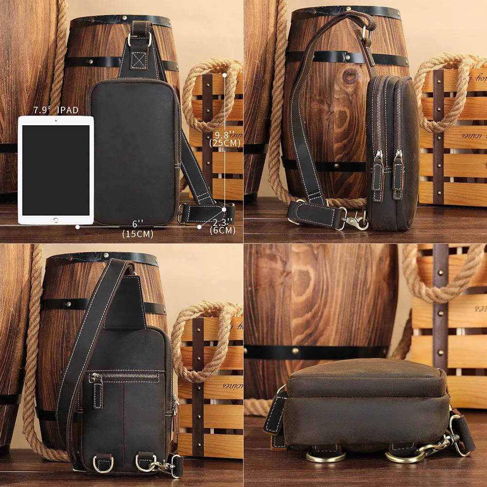 Thick Leather Chest Bag Real Cowhide Small Crossbody Sling Bag Men - VacationGrabs