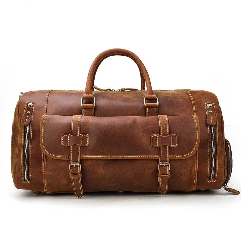 Mens Leather Shoulder Duffel Bag, Shoe Compartment, Removable Strap - VacationGrabs