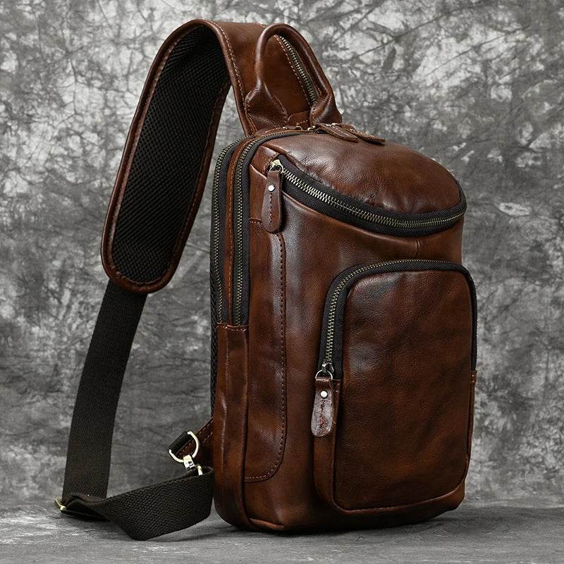 Natural Cowskin Leather Chest Pack Men Crossbody Sling Bag Large - VacationGrabs