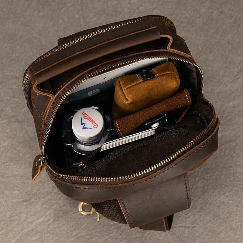 Big Size Leather Chest Bag Crazy Horse Sling Crossbody for Men - VacationGrabs