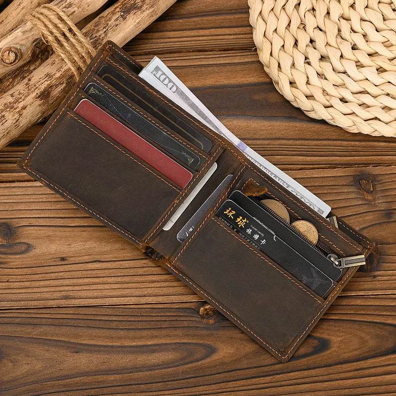 Luxury Bifold Leather Wallet for Men Slim Purse Cowhide with Coins Pocket - VacationGrabs