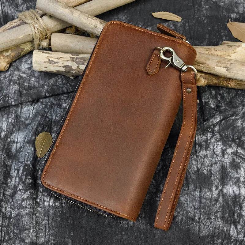 Retro Real Leather Wallet for Men Business Casual with Double Zipper - VacationGrabs