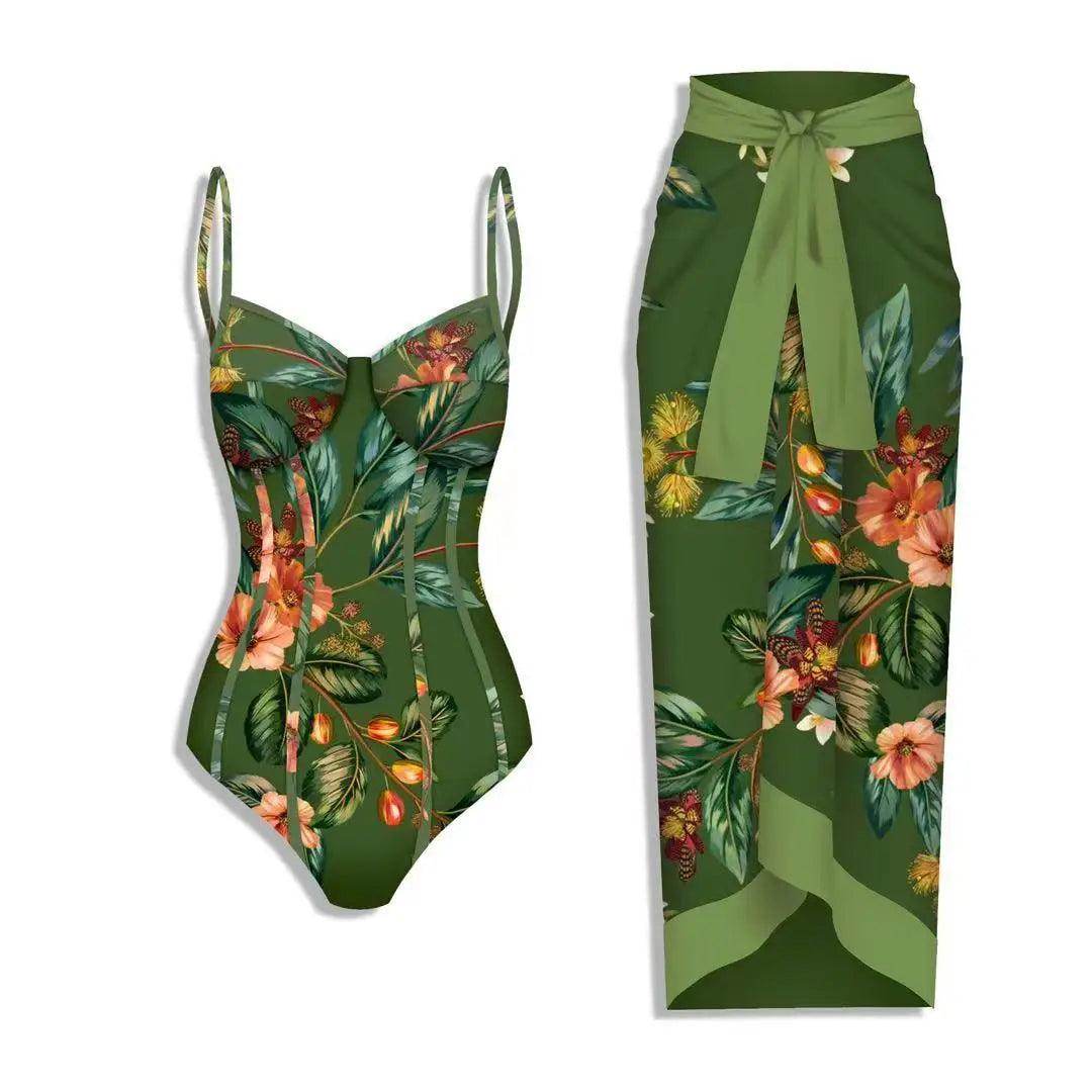 Green Floral Swimwear Womens One Piece + Cover Up - VacationGrabs