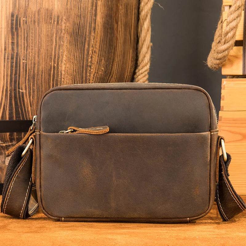 Men's Crazy Horse Leather Crossbody Bag – Retro Messenger Sling - VacationGrabs