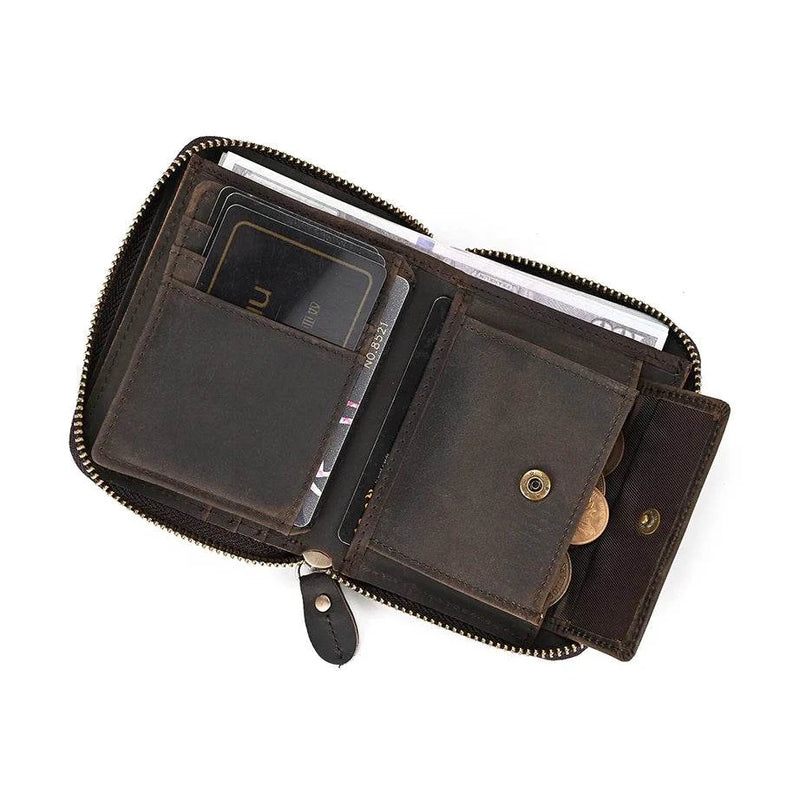 Crazy Horse Leather Wallet Men Women Coin Purse with Zipper - VacationGrabs