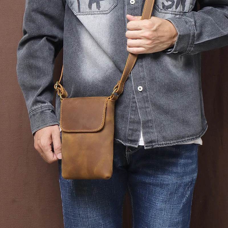 Men's Retro Leather Small Crossbody Phone Bag Cowhide Sling - VacationGrabs