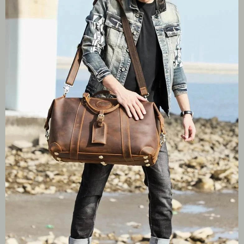 Retro Leather Men’s Travel Duffle Bag Large Capacity Cowhide Tote - VacationGrabs