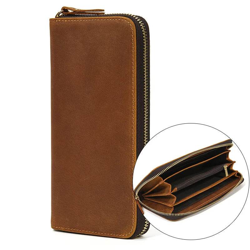 Vintage Men’s Crazy Horse Leather Single Zip Long Wallet for Phone - VacationGrabs