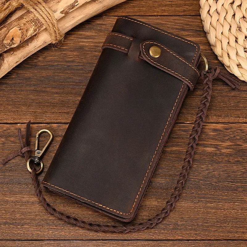 Genuine Leather Long Wallet with Wrist Belt Strap Chain Wallet Gift - VacationGrabs