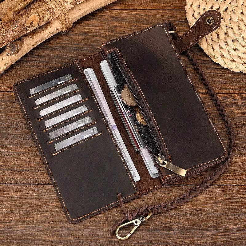 Genuine Leather Long Wallet with Wrist Belt Strap Chain Wallet Gift - VacationGrabs