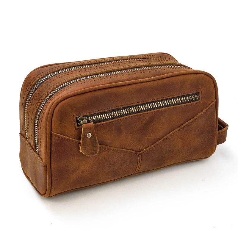 Thick Leather Clutch Bag for Men Genuine Leather Toiletry Kit Bag - VacationGrabs