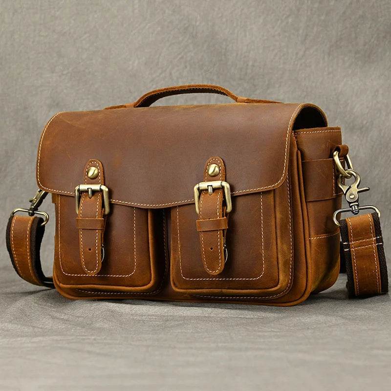 Vintage Crazy Horse Leather Messenger Bag for Men Crossbody Bag - VacationGrabs