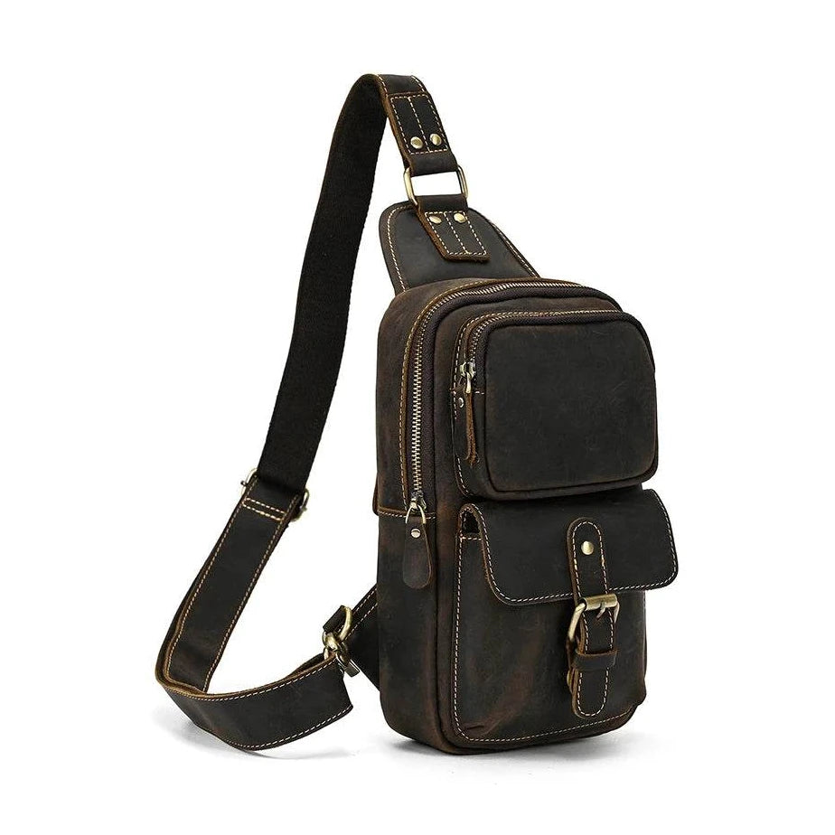 Crazy Horse Leather Men’s Chest Bag Top Layer Cowhide Sling - VacationGrabs