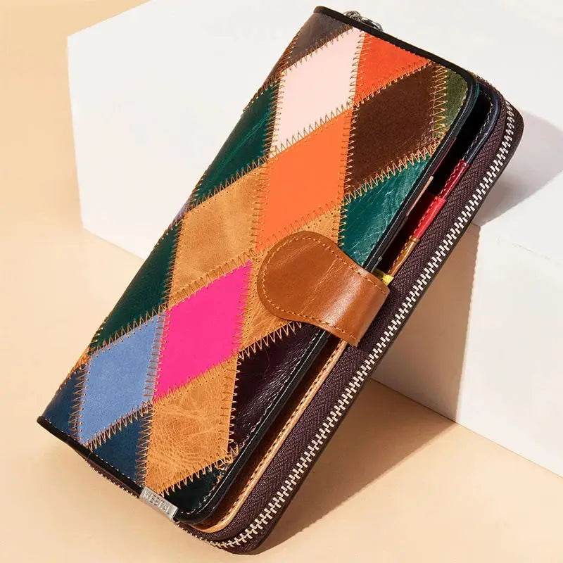 Hot Fashion Patchwork Leather Women’s Long Wallet & Phone Pouch - VacationGrabs