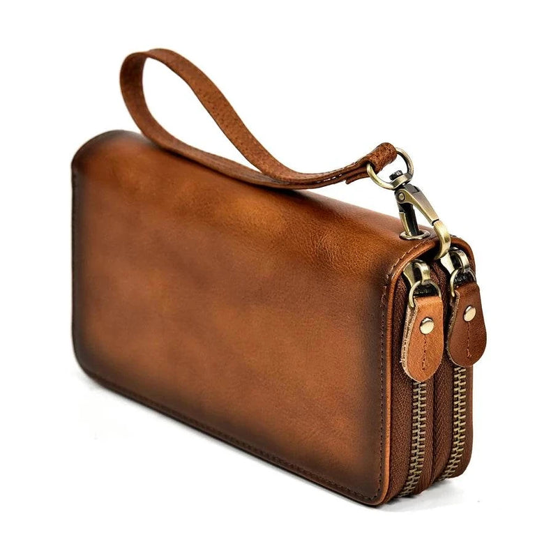 Vintage Men’s Crazy Horse Leather Single Zip Long Wallet for Phone - VacationGrabs