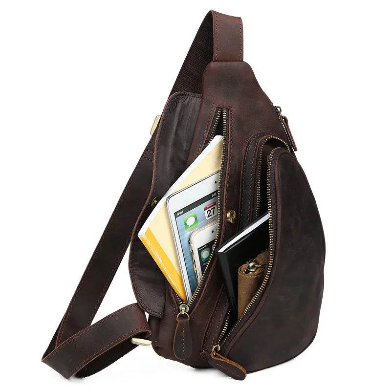 Genuine Leather Chest Bag Crazy Horse Vintage Crossbody Sling - VacationGrabs