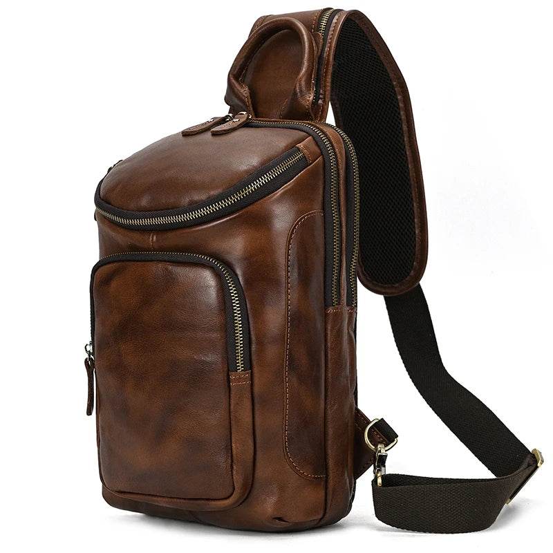 Natural Cowskin Leather Chest Pack Men Crossbody Sling Bag Large - VacationGrabs