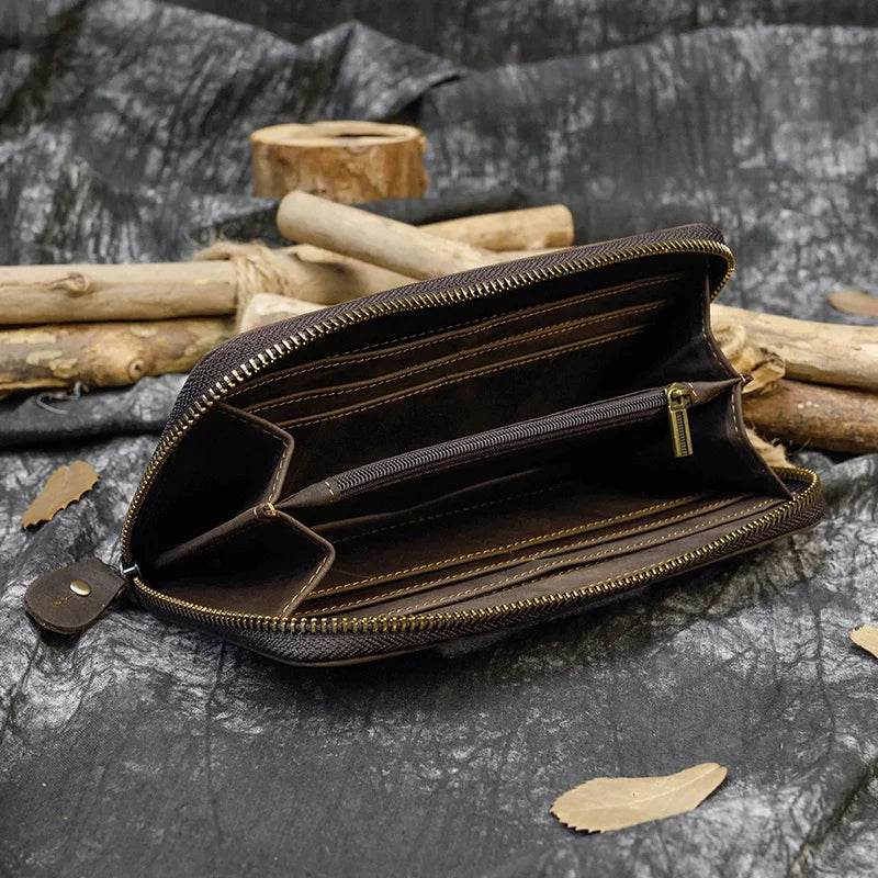 Vintage Leather Long Wallet for Men & Women with Single Zipper - VacationGrabs