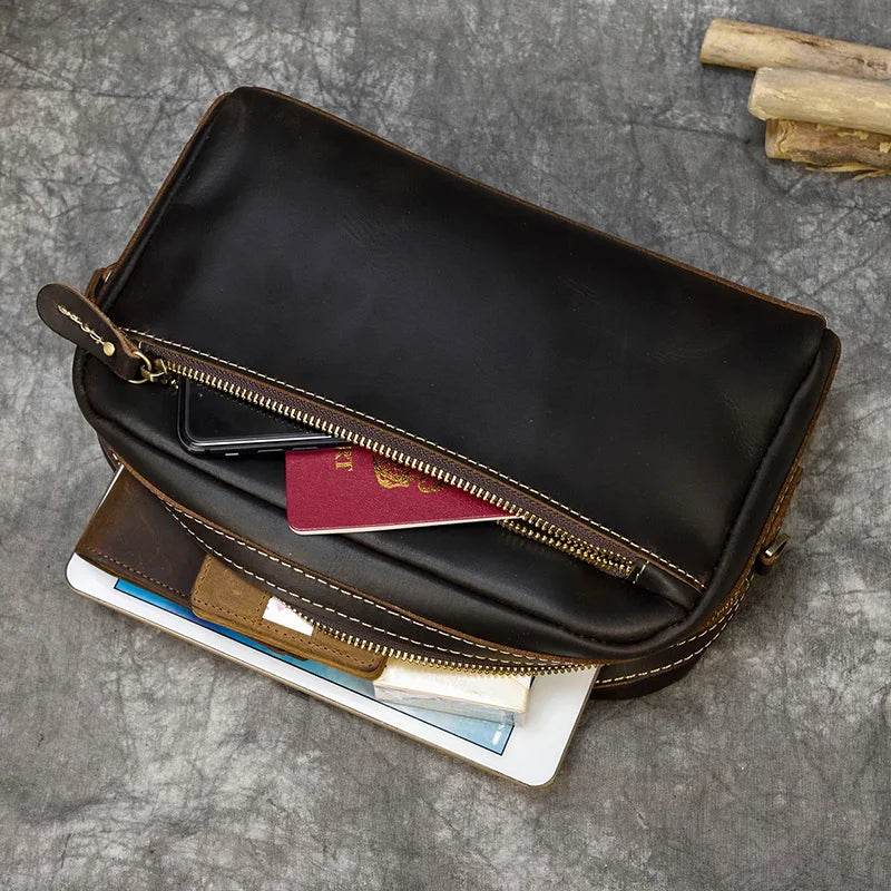 Genuine Leather Clutch Bag for Men Crazy Horse Leather Day Clutch with Wrist Strap - VacationGrabs