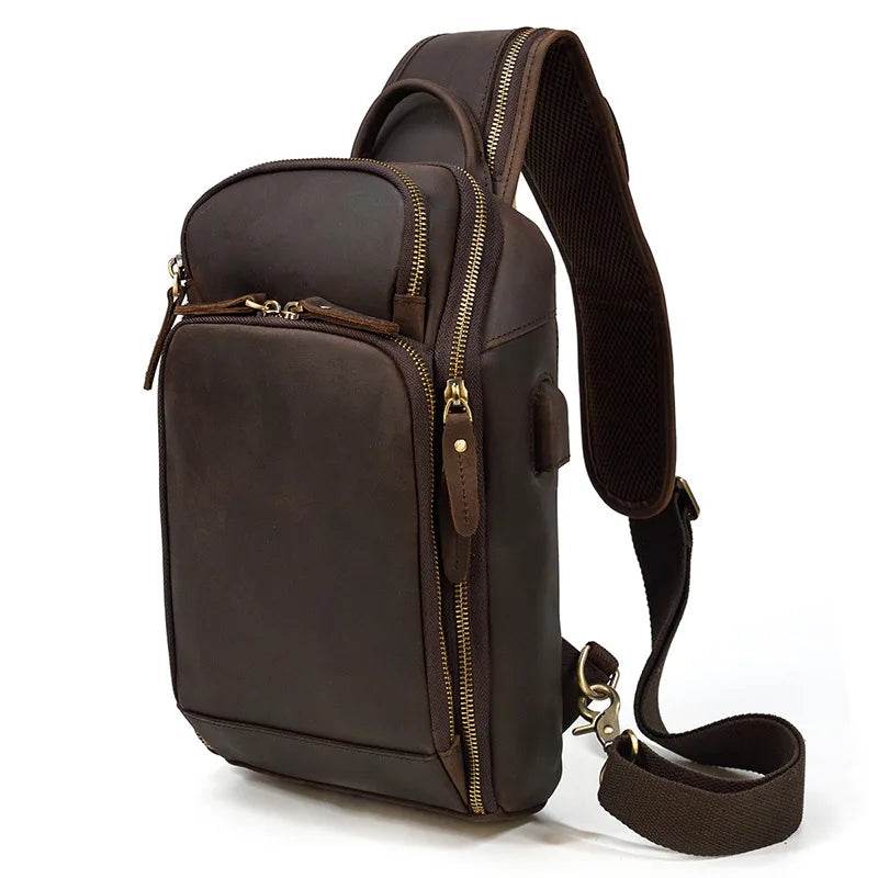 Soft Cowhide Men's Chest Bag Crossbody USB Sling Outdoor Pack - VacationGrabs