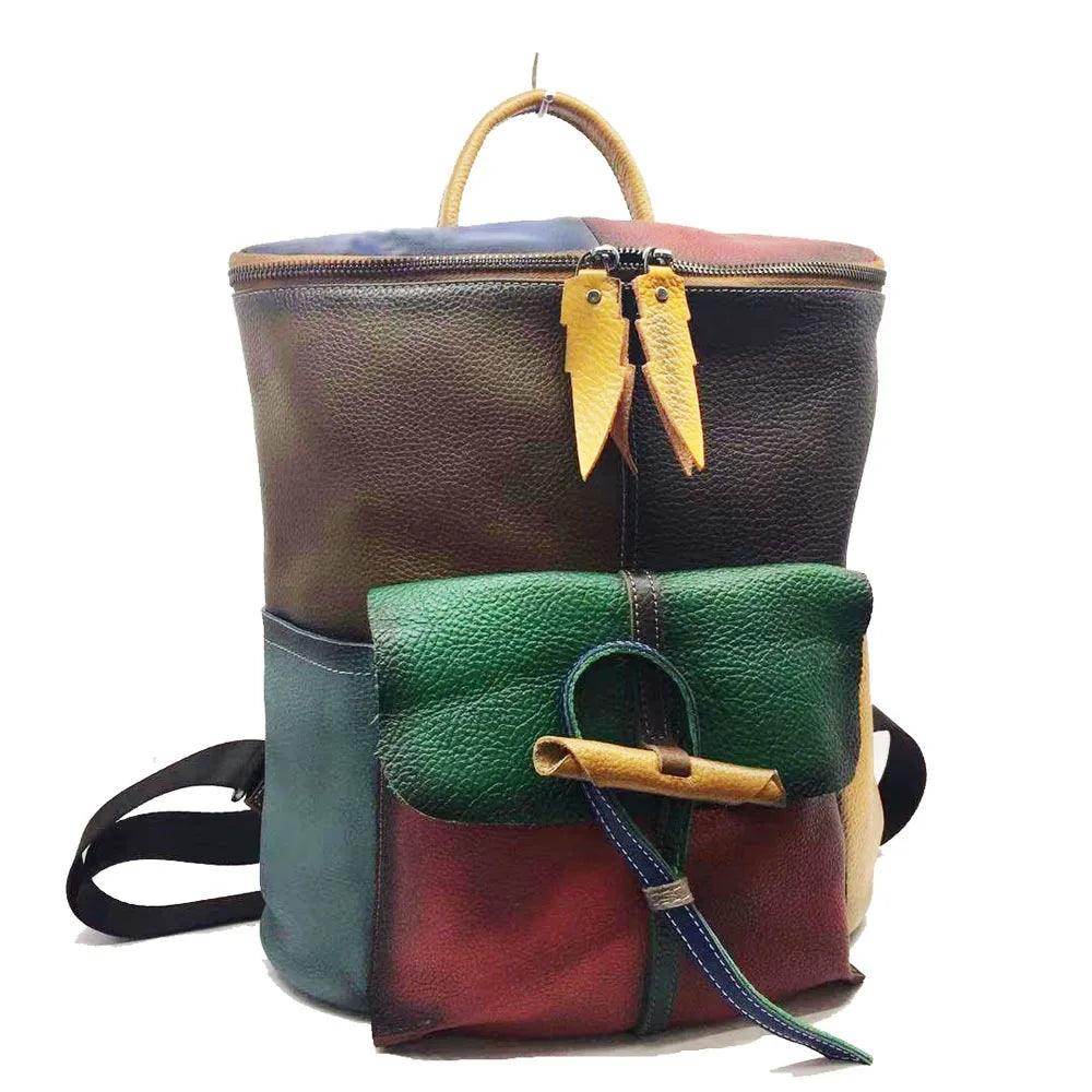 Vintage Women Genuine Leather Backpack Patchwork Double - VacationGrabs