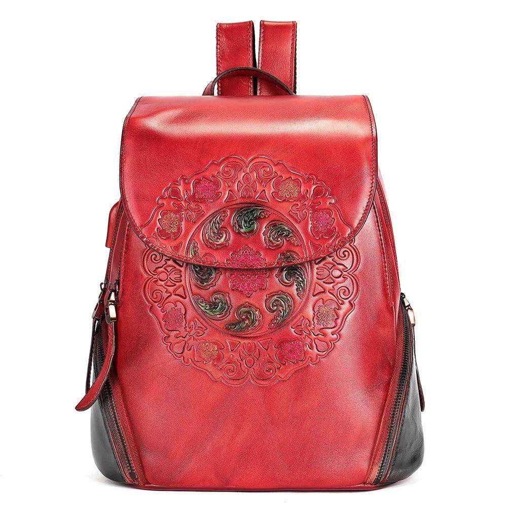 Retro Embossed Floral Backpack For Women Genuine Leather - VacationGrabs
