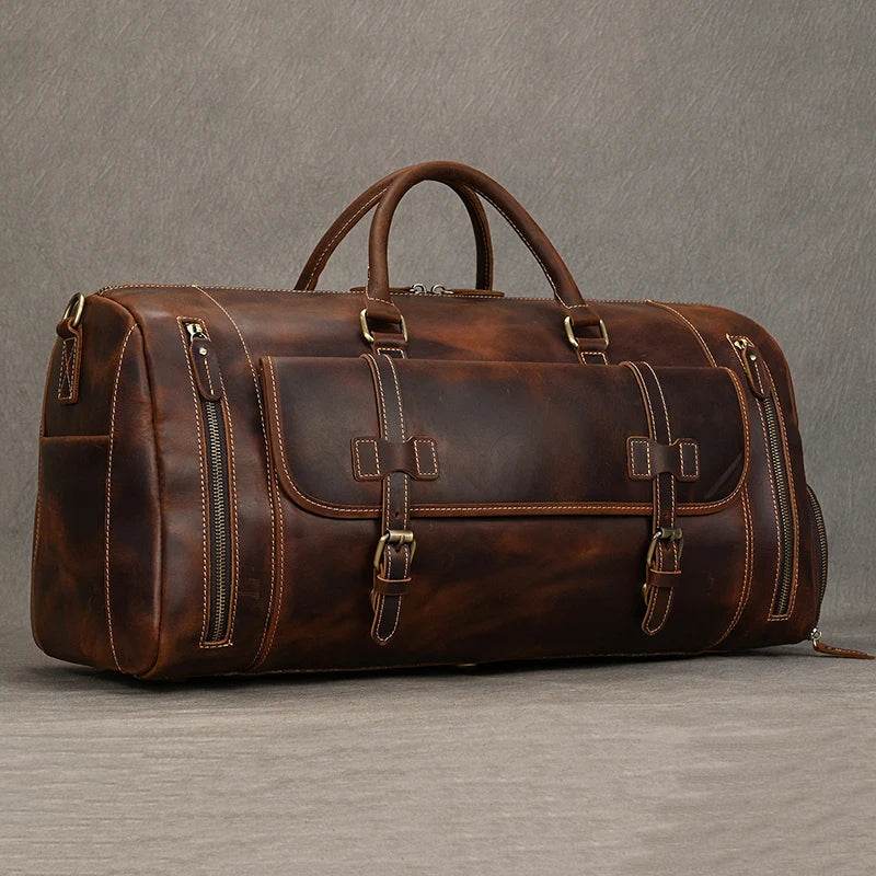 Large Travel Bag Genuine Leather Vintage Luggage Weekender Bags - VacationGrabs