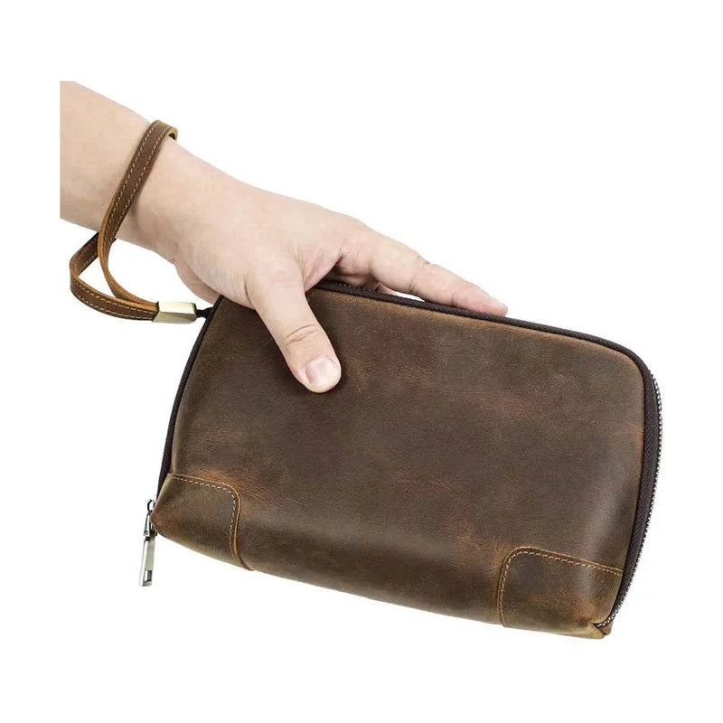 Brown Genuine Leather Clutch Bag for Travel & Toiletries - VacationGrabs