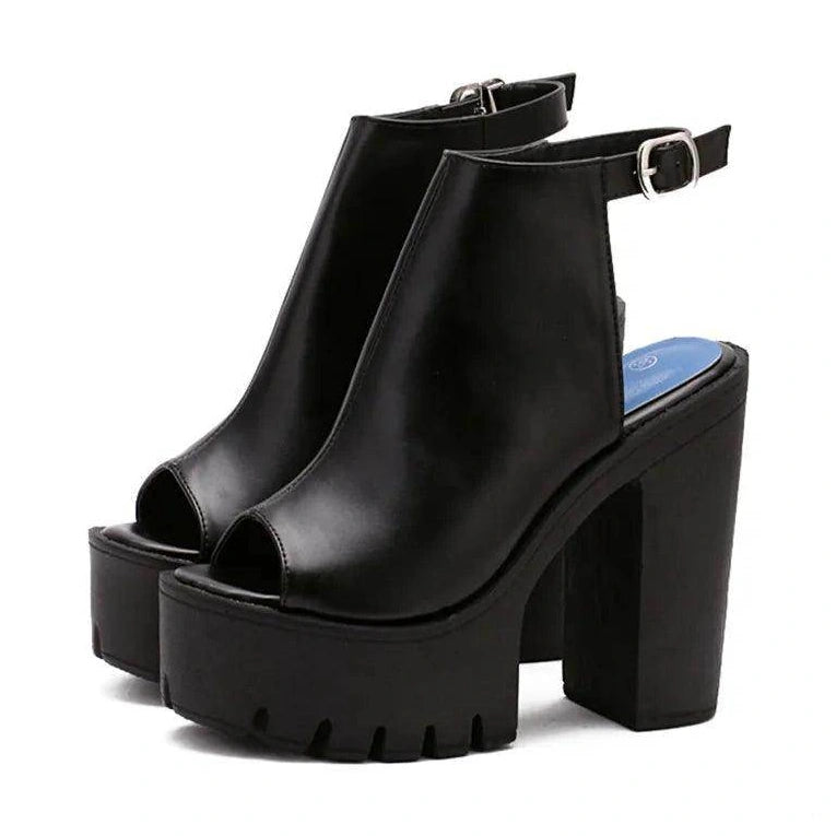 Platform Block High Heels Black Peep Toe Slingbacks - VacationGrabs