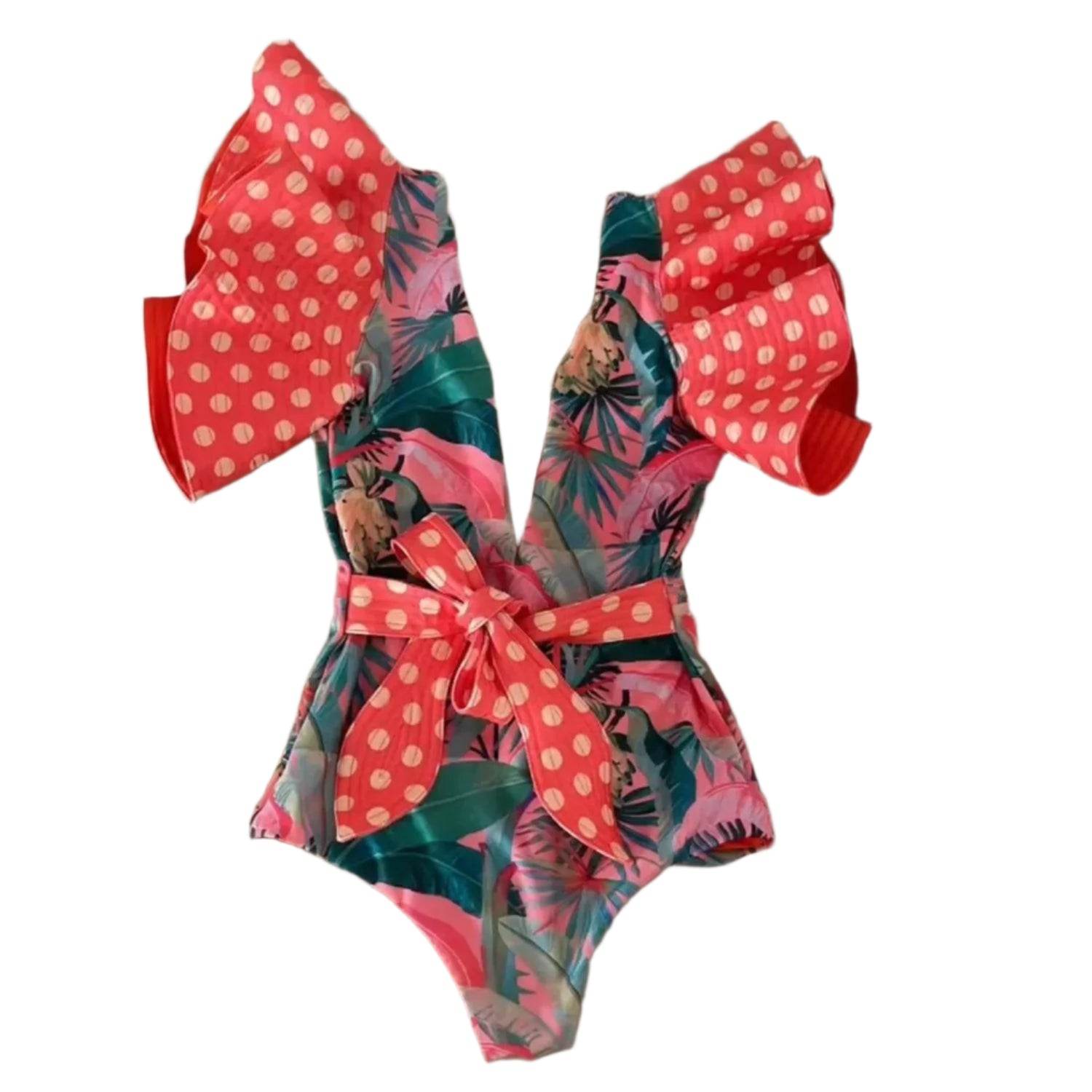 Ruffle Print Floral One Piece Slimming Swimwear - VacationGrabs