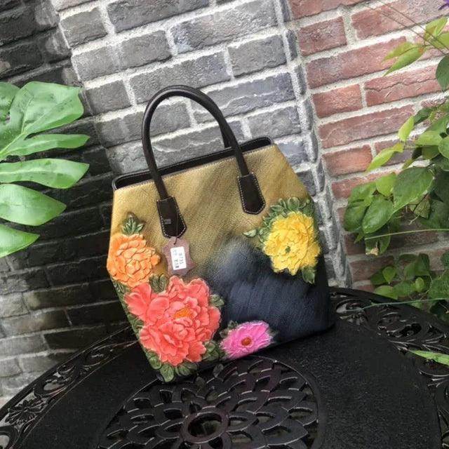 Handmade Floral Embossed Leather Handbag Tote Bag Luxury - VacationGrabs