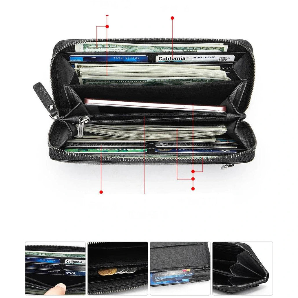 Men's First Layer Cowhide Clutch Bag Leather Multi-Functional Long Purse - VacationGrabs