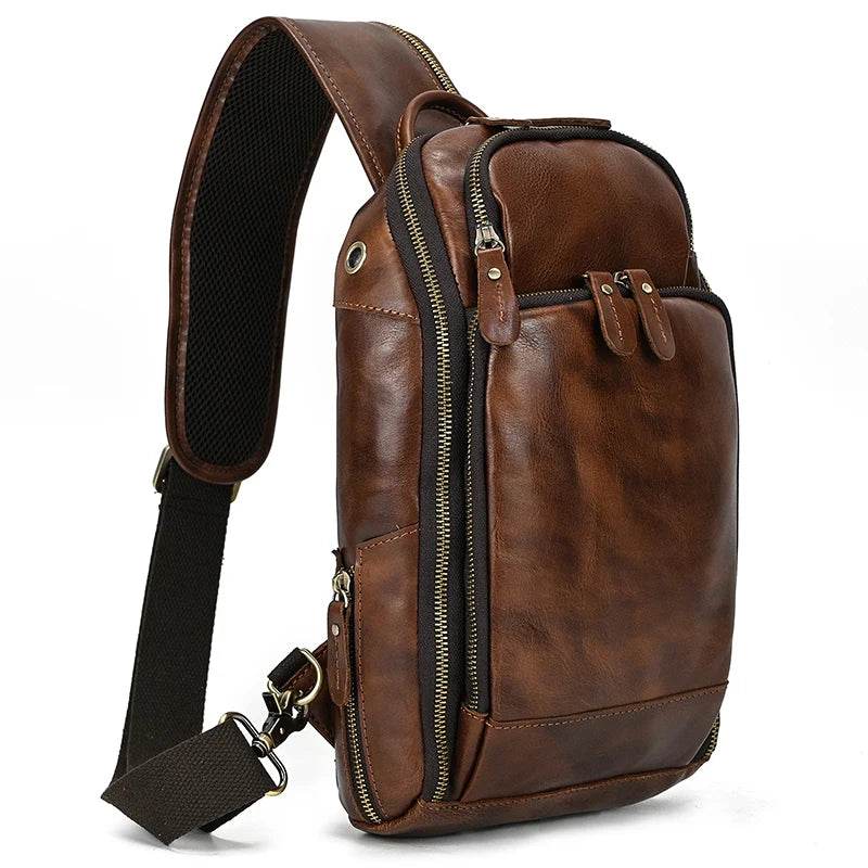 High-Quality Chest Bag USB Men Shoulder Sling Cowhide Leather - VacationGrabs