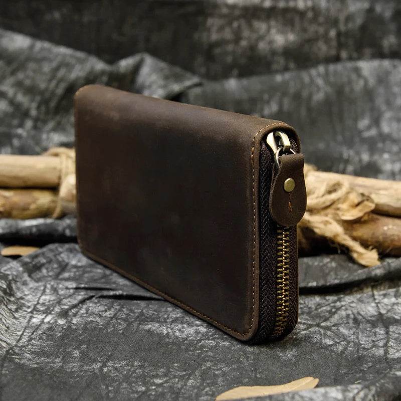 Vintage Leather Long Wallet for Men & Women with Single Zipper - VacationGrabs