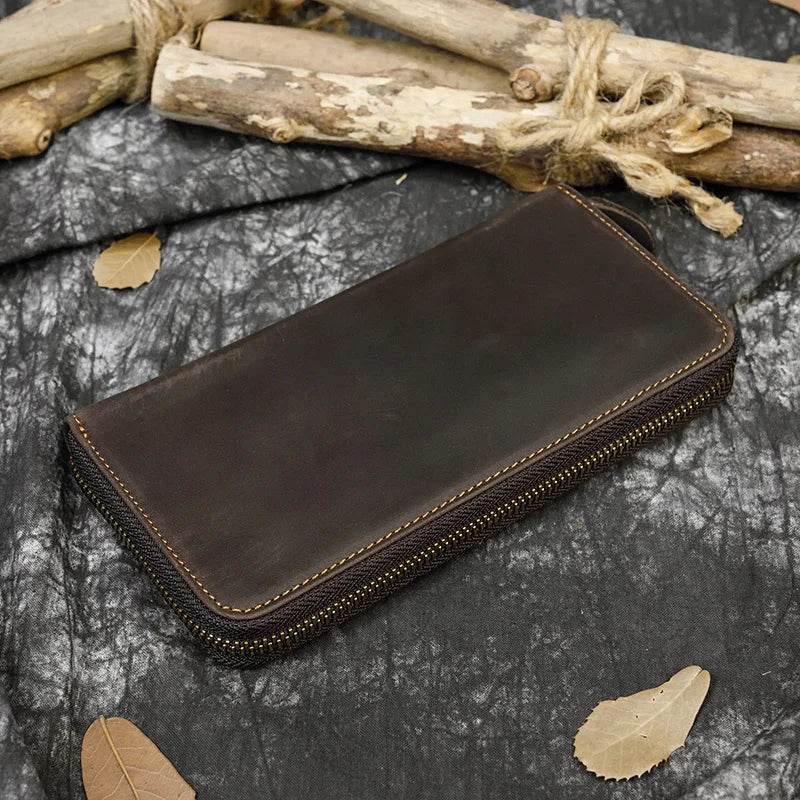 Vintage Leather Long Wallet for Men & Women with Single Zipper - VacationGrabs