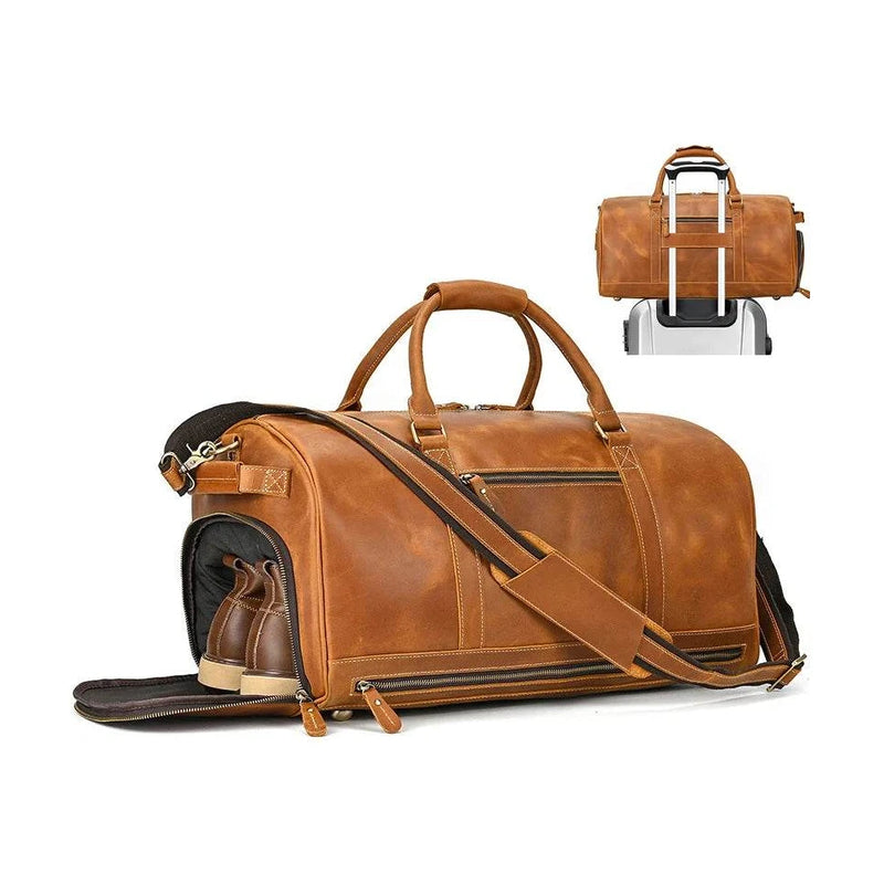 Crazy Horse Leather Fitness Travel Duffel Bag Men’s Dry and Wet Separation - VacationGrabs