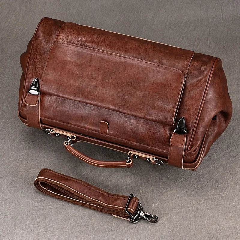 Luxury Leather Carry On Luggage Bag Real Cowskin Travel Duffle - VacationGrabs