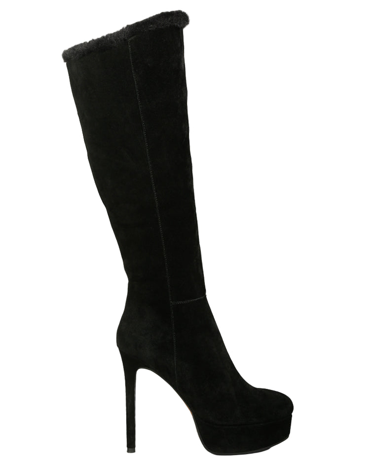 Black knee-high platform boot on a light gray background