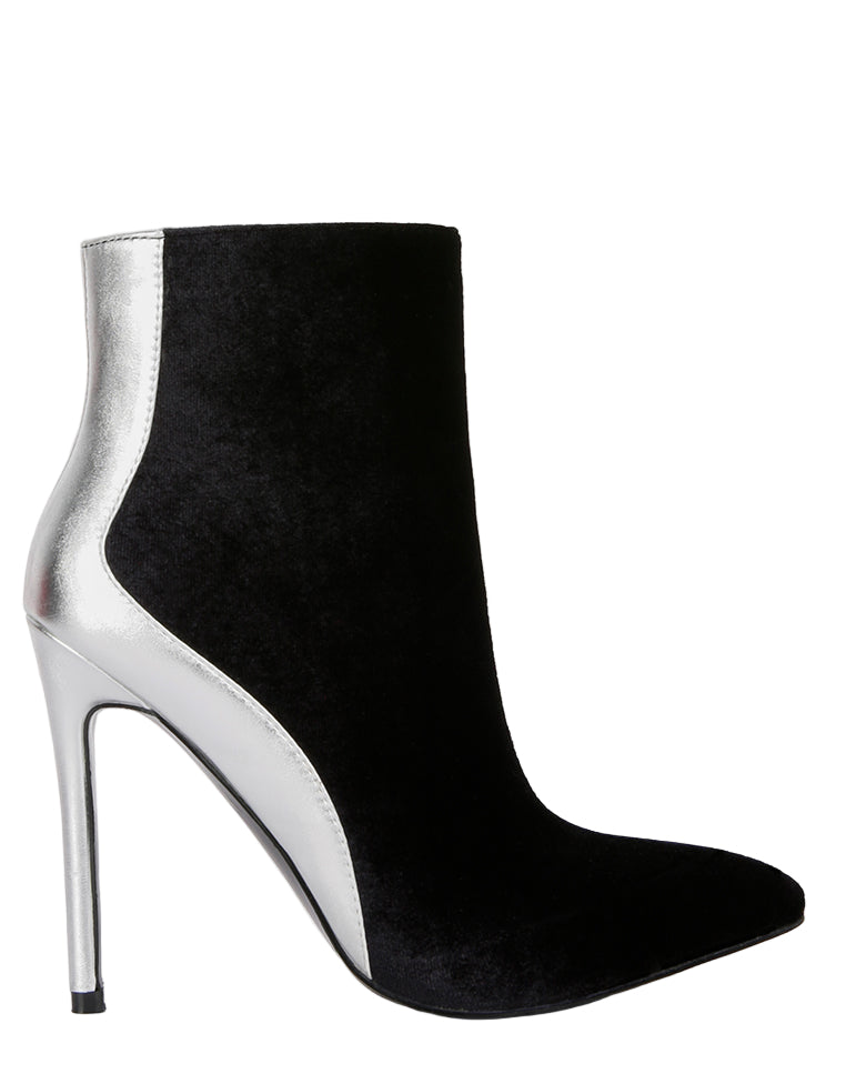 Black ankle boot with silver high heel on a white background