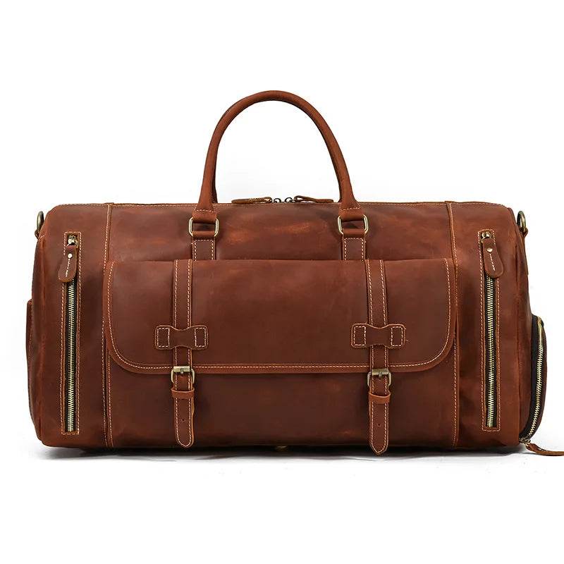 Mens Leather Shoulder Duffel Bag, Shoe Compartment, Removable Strap - VacationGrabs